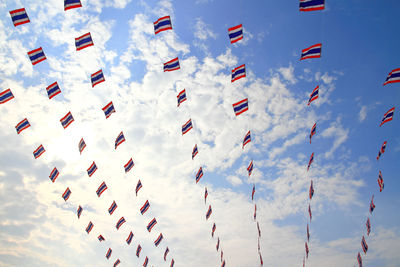 Low angle view of kites flying against sky