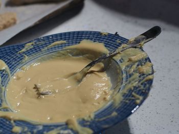 High angle view of pasta in bowl on table