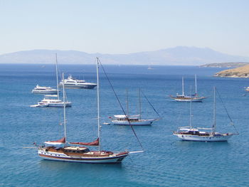 Sailboats sailing in sea against sky