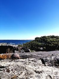Scenic view of sea against clear blue sky