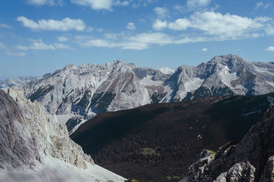 Panoramic view of snowcapped mountains against sky