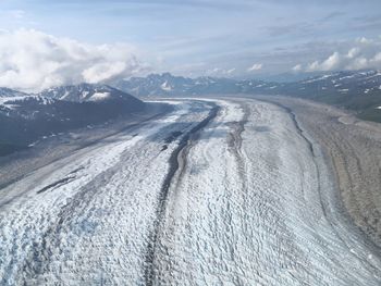 Aerial view of snowcapped mountains against sky