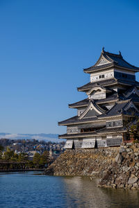 Building by water against clear blue sky