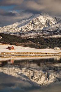 Scenic view of snowcapped mountains by lake against sky