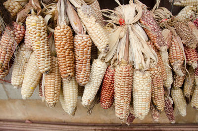 Heap of corn hanging at market stall