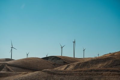 Wind turbines on land against clear sky