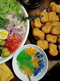 High angle view of meal served on table