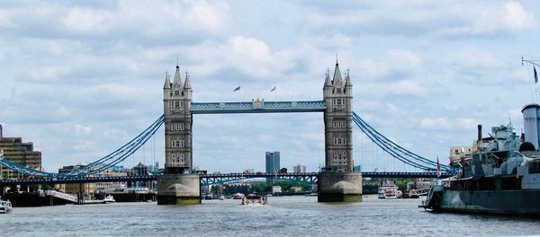 View of suspension bridge against cloudy sky