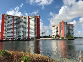 Buildings by river against sky in city