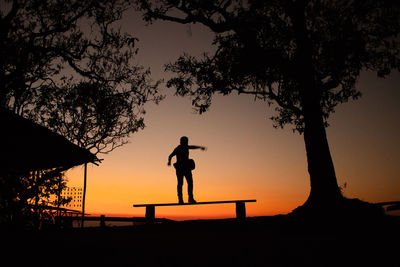 Silhouette man standing by tree against sky during sunset