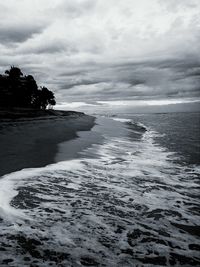 Scenic view of beach against cloudy sky