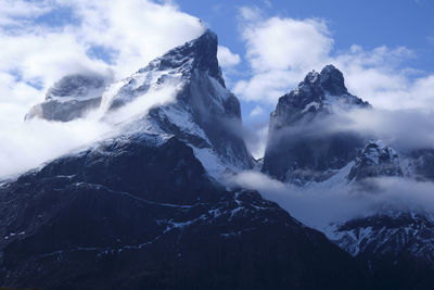 Low angle view of snowcapped mountain against sky