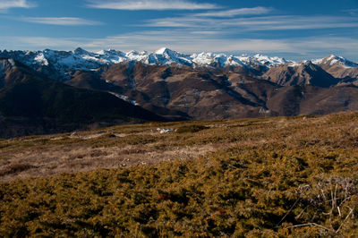 Scenic view of snowcapped mountains against sky