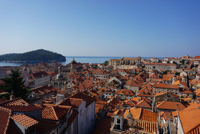 High angle shot of townscape against clear sky