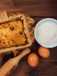 High angle view of breakfast on table