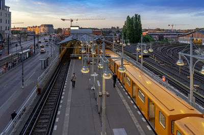 High angle view of railroad tracks in city