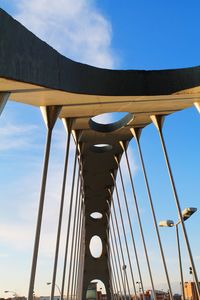 Low angle view of suspension bridge against blue sky