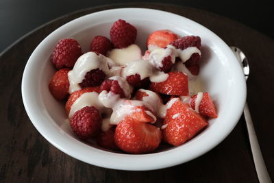 High angle view of strawberries in bowl