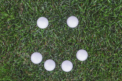 High angle view of golf ball on grassy field