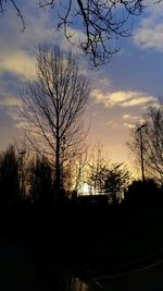 Silhouette of bare trees against sky at sunset