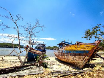 Fishing boats moored on shore against sky