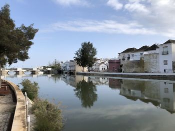 Buildings by river against sky