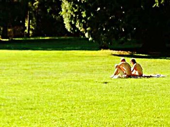 People relaxing on grassy field in park