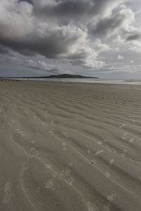 Scenic view of beach against cloudy sky