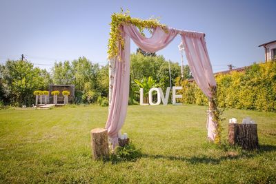 Built structure on field against clear sky