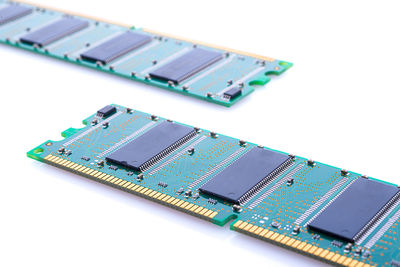 Close-up of computer chips on white background