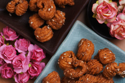 High angle view of pink flowers on table