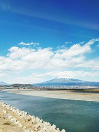 Scenic view of beach against blue sky