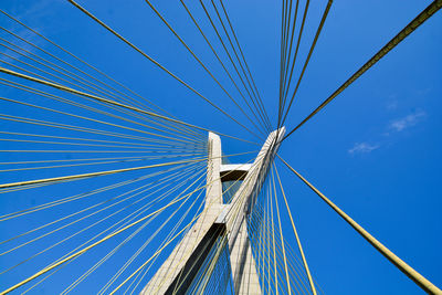 Low angle view of suspension bridge against blue sky