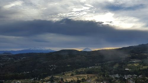 Scenic view of mountains against cloudy sky