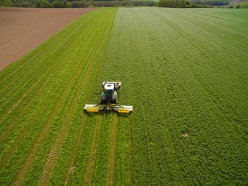 High angle view of tractor on field