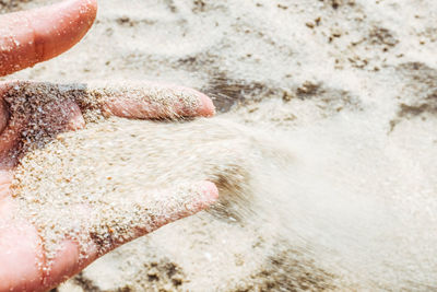 Close-up of hand on sand at beach