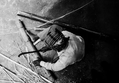 High angle view of men cutting wood