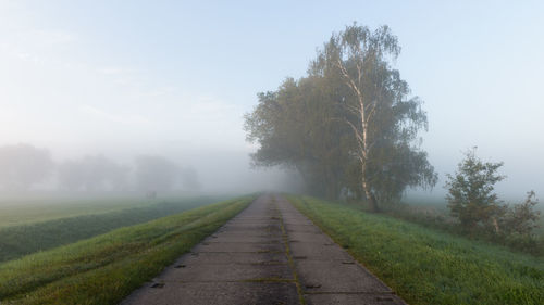 Road amidst field against sky during foggy weather