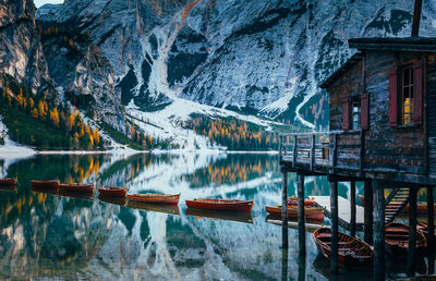 Scenic view of lake by snowcapped mountains