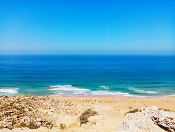 Scenic view of sea against clear blue sky