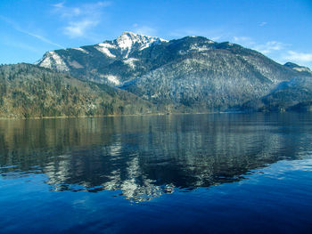 Scenic view of lake and mountains against blue sky