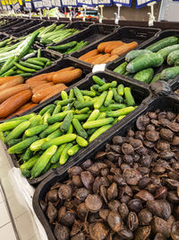 High angle view of vegetables for sale at market stall