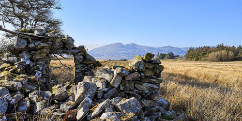 Stack of rocks on field against clear sky