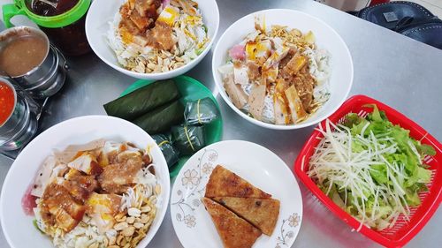 High angle view of food served on table