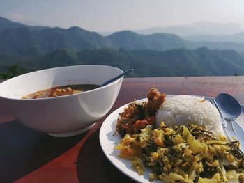 Close-up of breakfast served on table