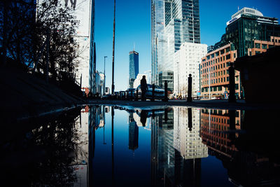 Reflection of buildings in lake puddle against blue sky