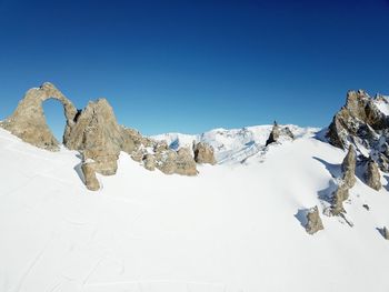 Panoramic view of snowcapped mountains against clear blue sky