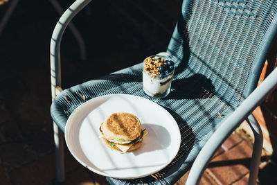 High angle view of breakfast served on table