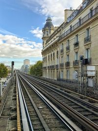 Railway tracks against buildings in city