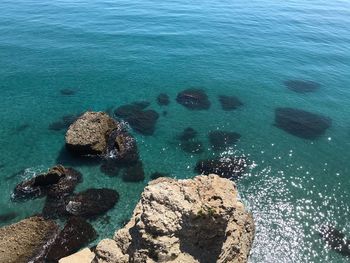 High angle view of rock formation in sea